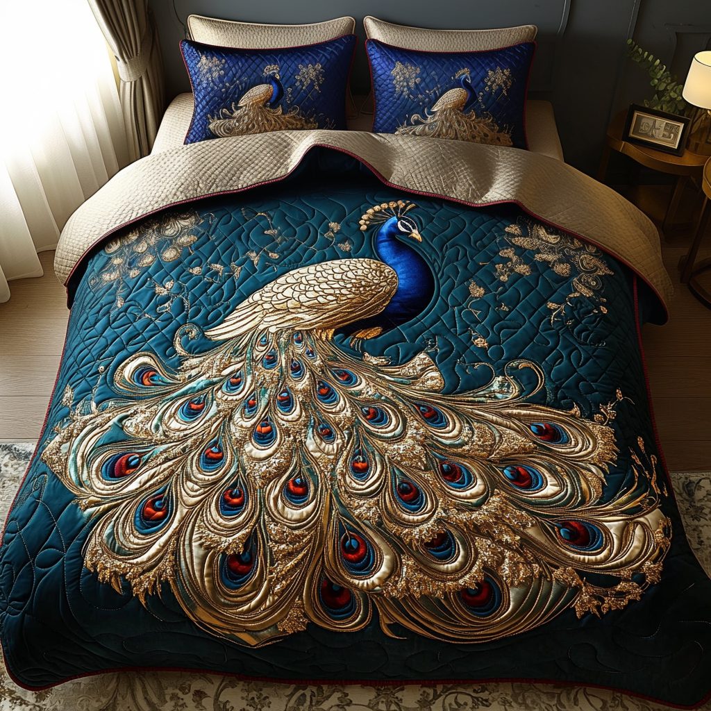 Peacock Paradise quilted 3-piece bedding set on a made bed with two matching pillow shams