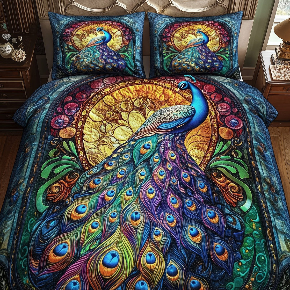 Peacock quilted 3-piece bedding set on a made bed with two matching pillow shams