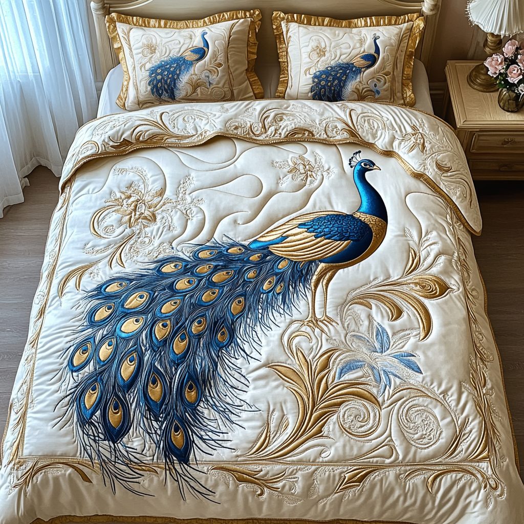 Peacock quilted 3-piece bedding set on a made bed with two matching pillow shams