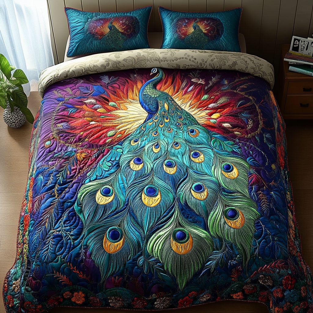 Peacock Radiance quilted 3-piece bedding set on a made bed with two matching pillow shams