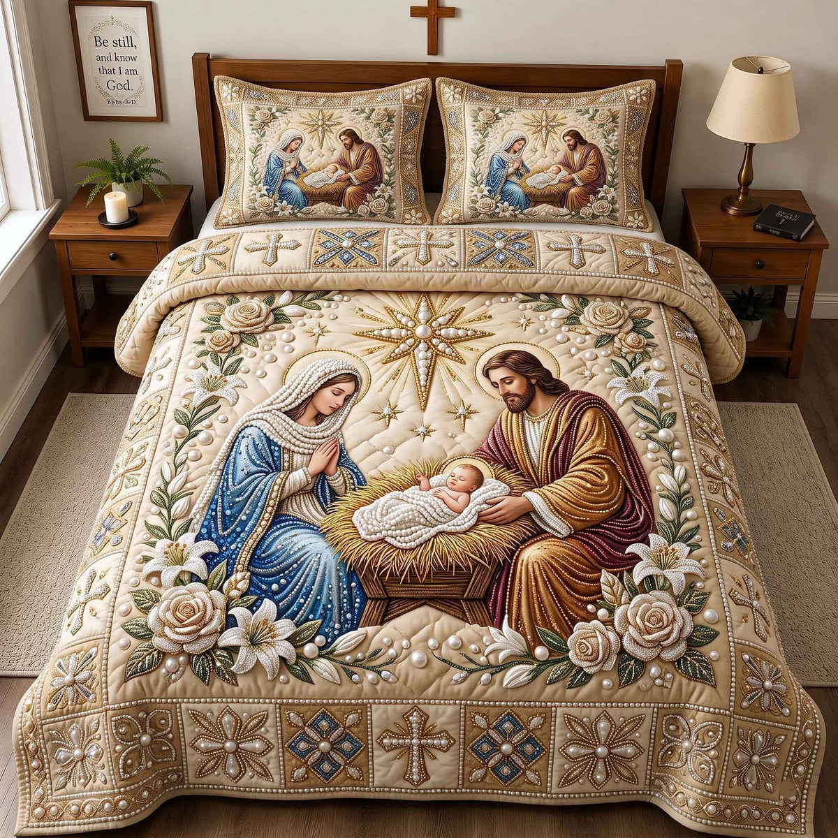 Pearl Christmas Miracle quilted 3-piece bedding set on a made bed in a winter-styled bedroom
