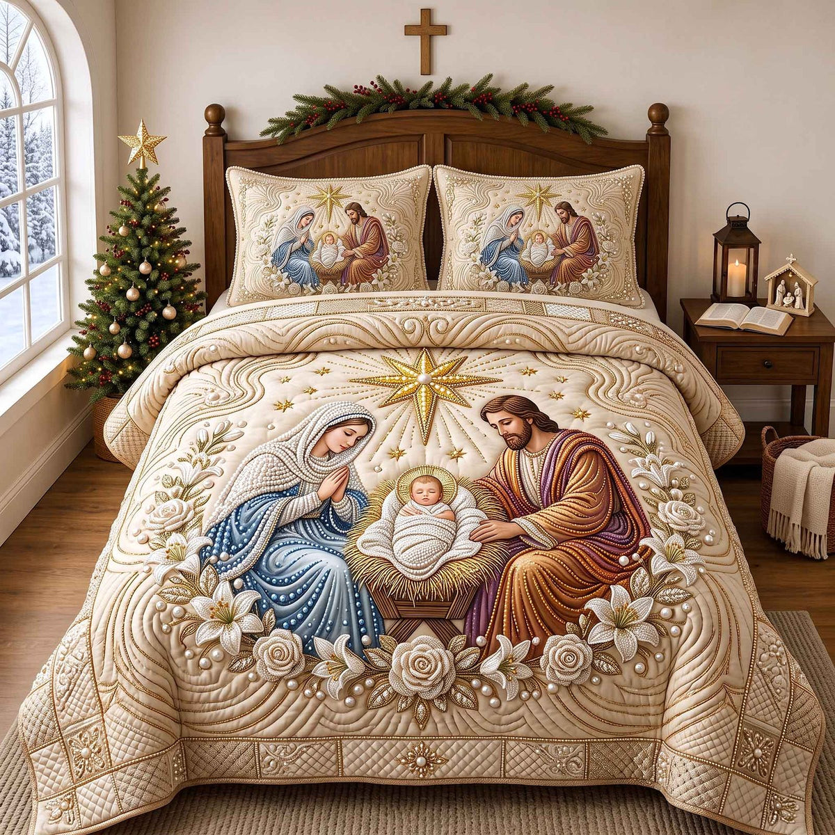 Pearl Christmas Miracle quilted 3-piece bedding set on a made bed in a winter-styled bedroom