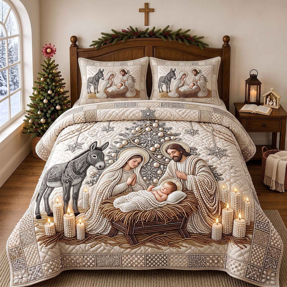 Pearl Christmas Miracle quilted 3-piece bedding set on a made bed in a winter-styled bedroom