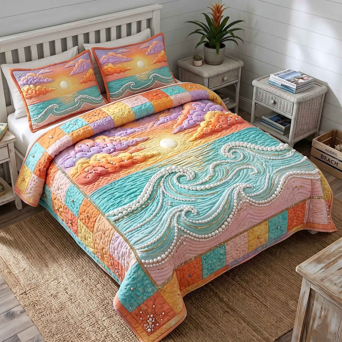 Pearl Coastal Whisper quilted 3-piece bedding set on a made bed in a light coastal bedroom