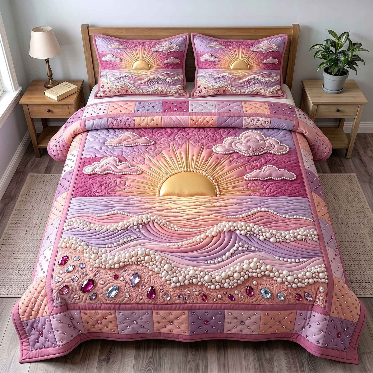Pearl Coastal Whisper quilted 3-piece bedding set on a made bed in a light coastal bedroom