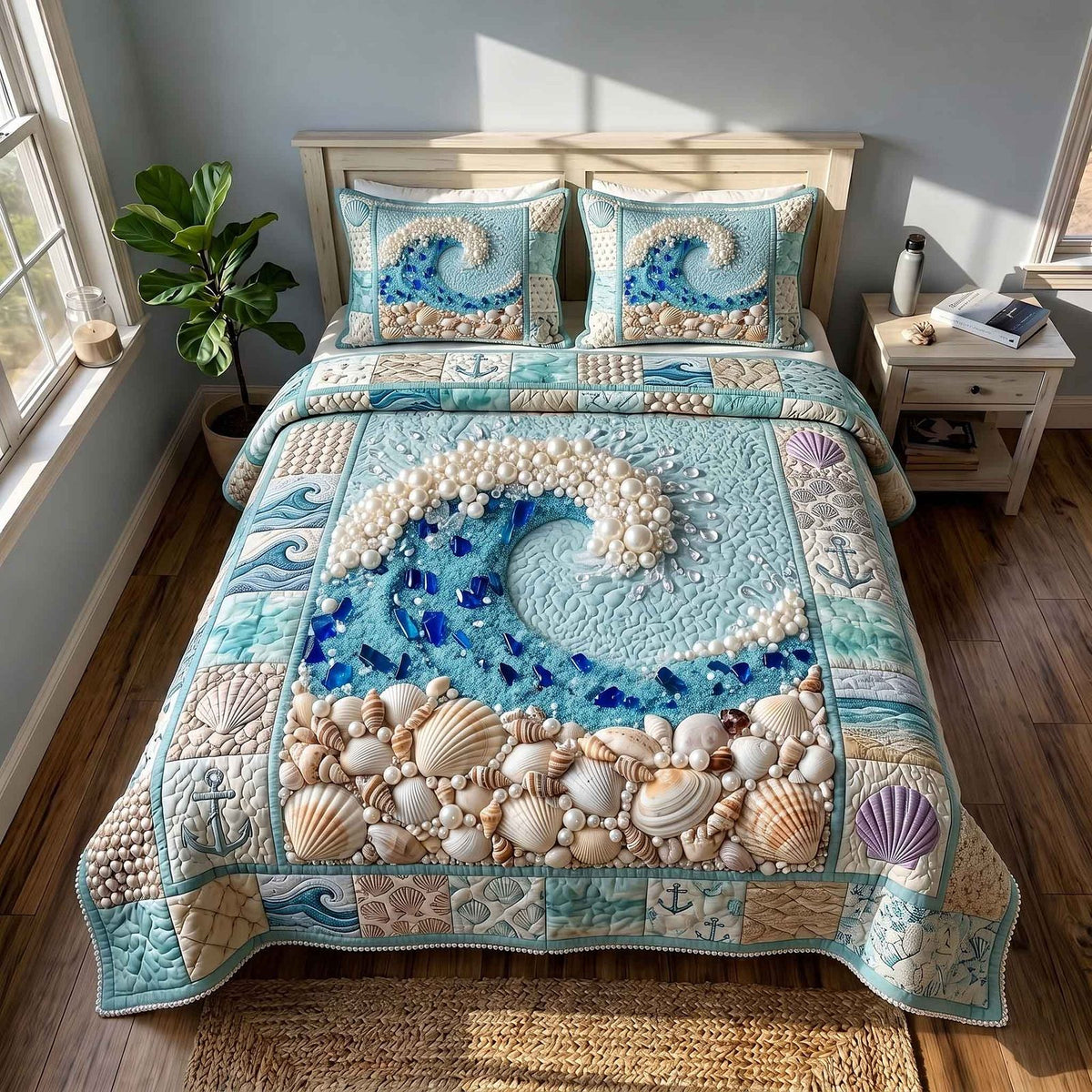 Pearl Coastal Whisper quilted 3-piece bedding set on a made bed in a light coastal bedroom