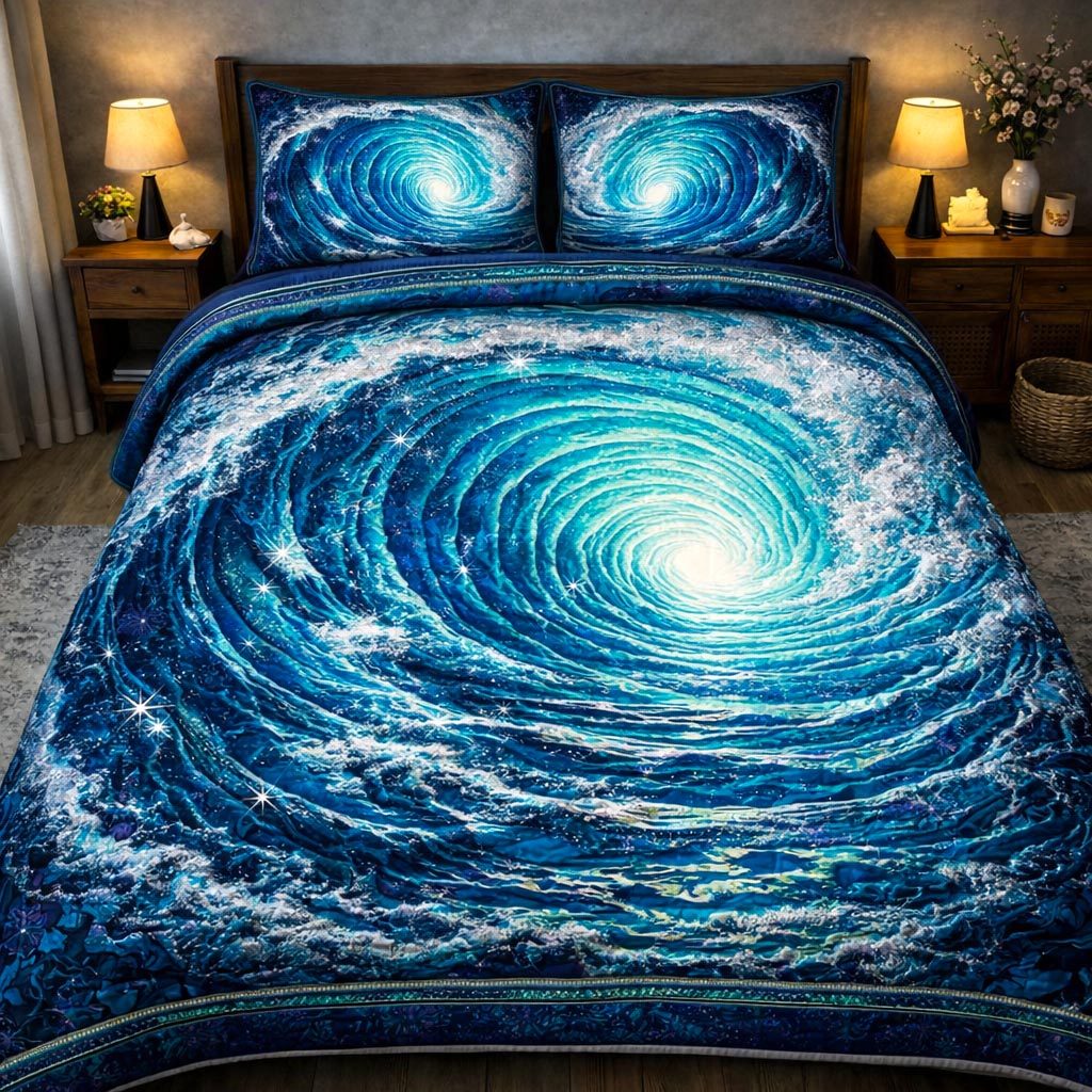 Pearl Ocean quilted 3-piece bedding set on a made bed in a light coastal bedroom