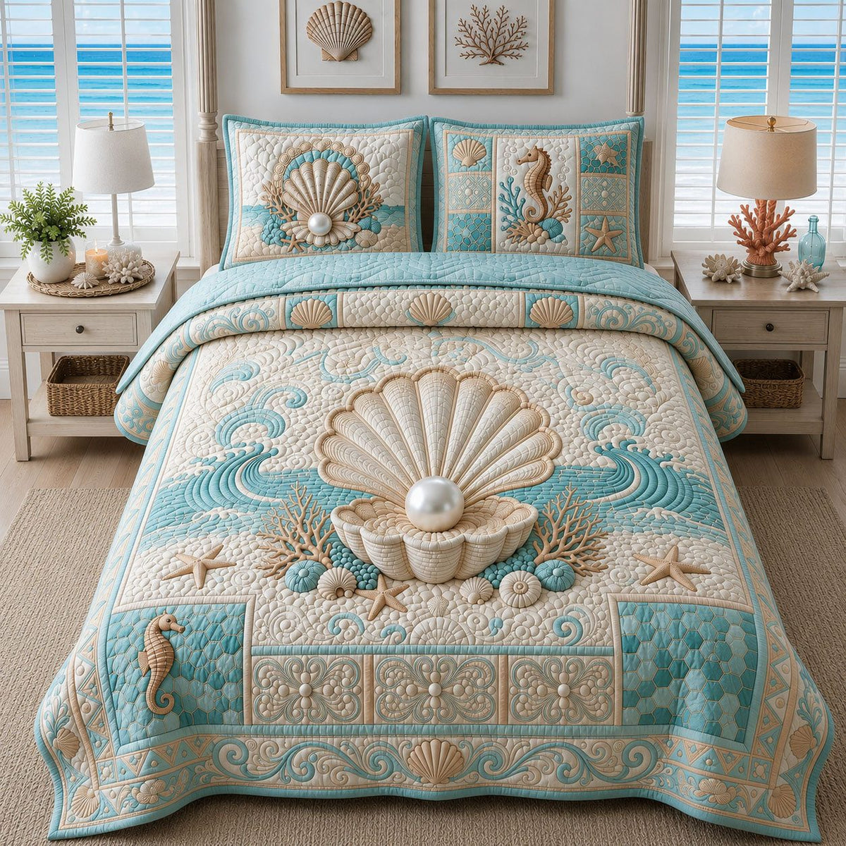 Pearl Seashell Ocean quilted 3-piece bedding set on a made bed in a light coastal bedroom