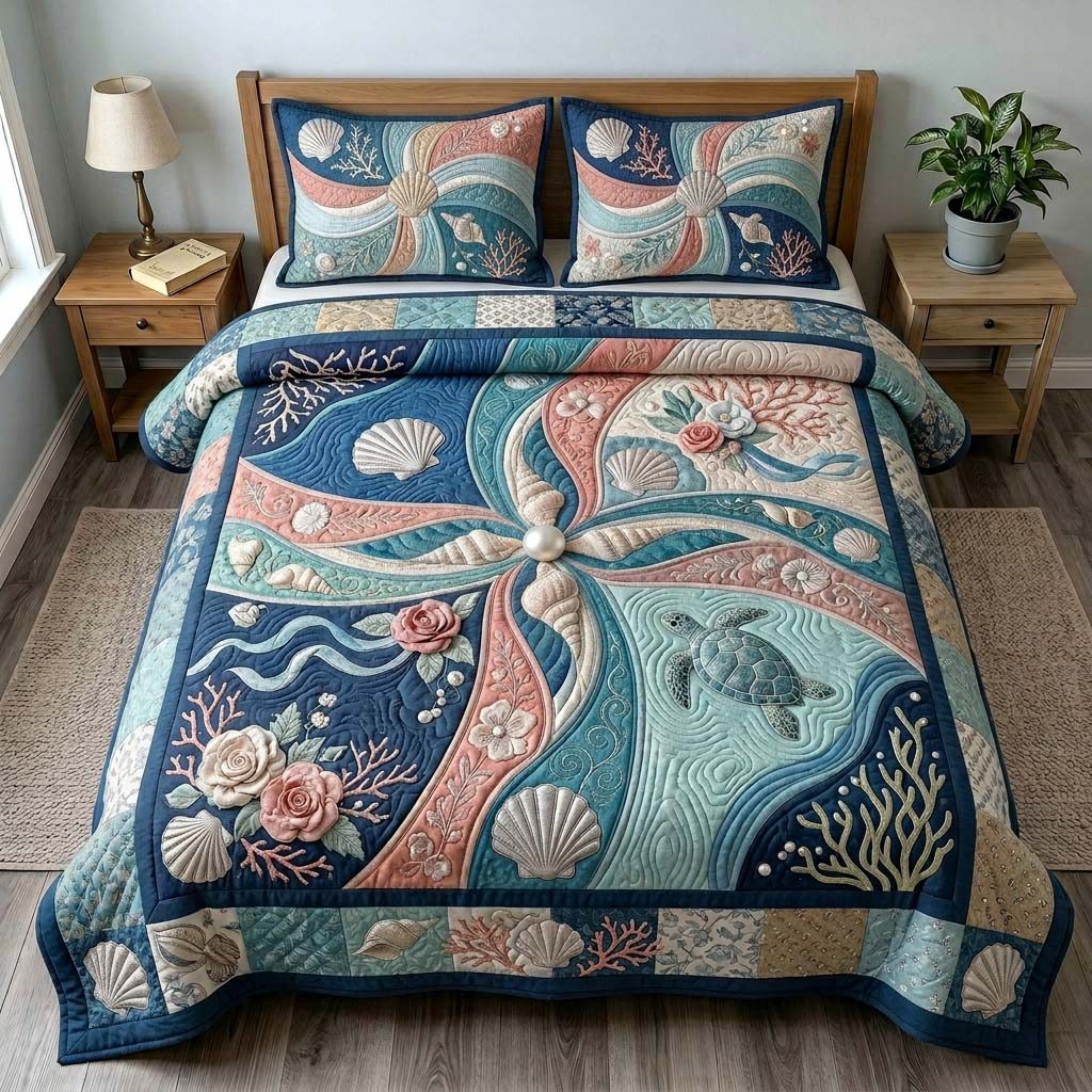Pearl Tide quilted 3-piece bedding set on a made bed in a light coastal bedroom