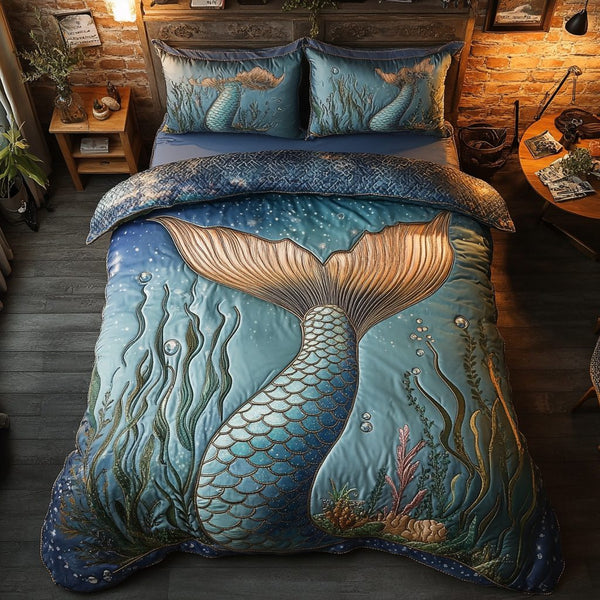 Pearl Wave quilted 3-piece bedding set on a made bed in a light coastal bedroom