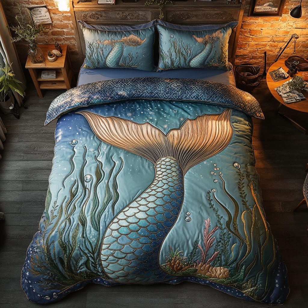 Pearl Wave quilted 3-piece bedding set on a made bed in a light coastal bedroom