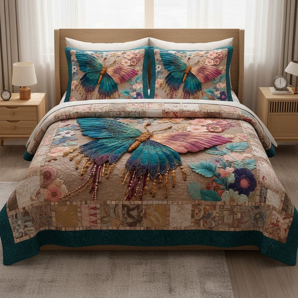 Pearlwing quilted 3-piece bedding set on a made bed with two matching pillow shams