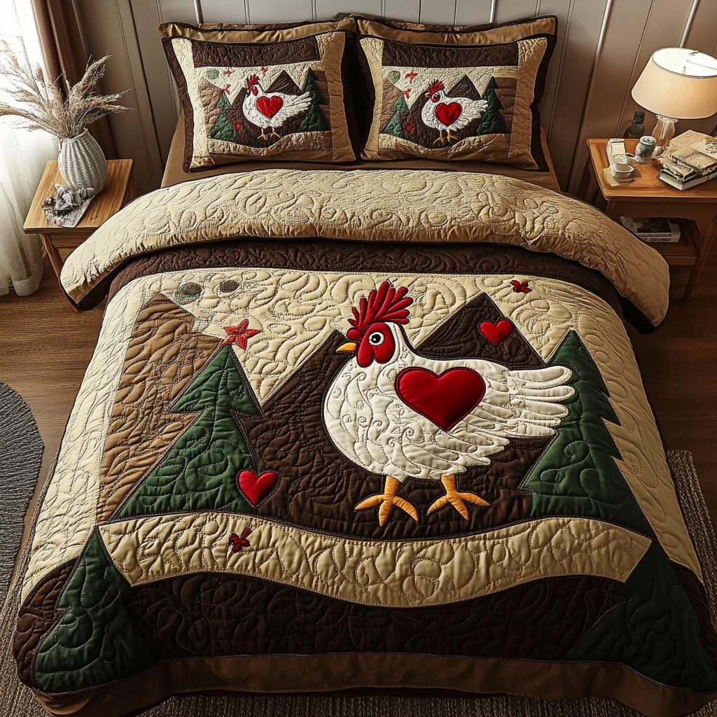 Pecking Order quilted 3-piece bedding set on a made bed with two matching pillow shams
