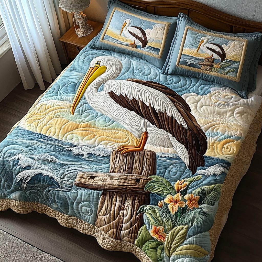 Pelican Grace quilted 3-piece bedding set on a made bed with two matching pillow shams