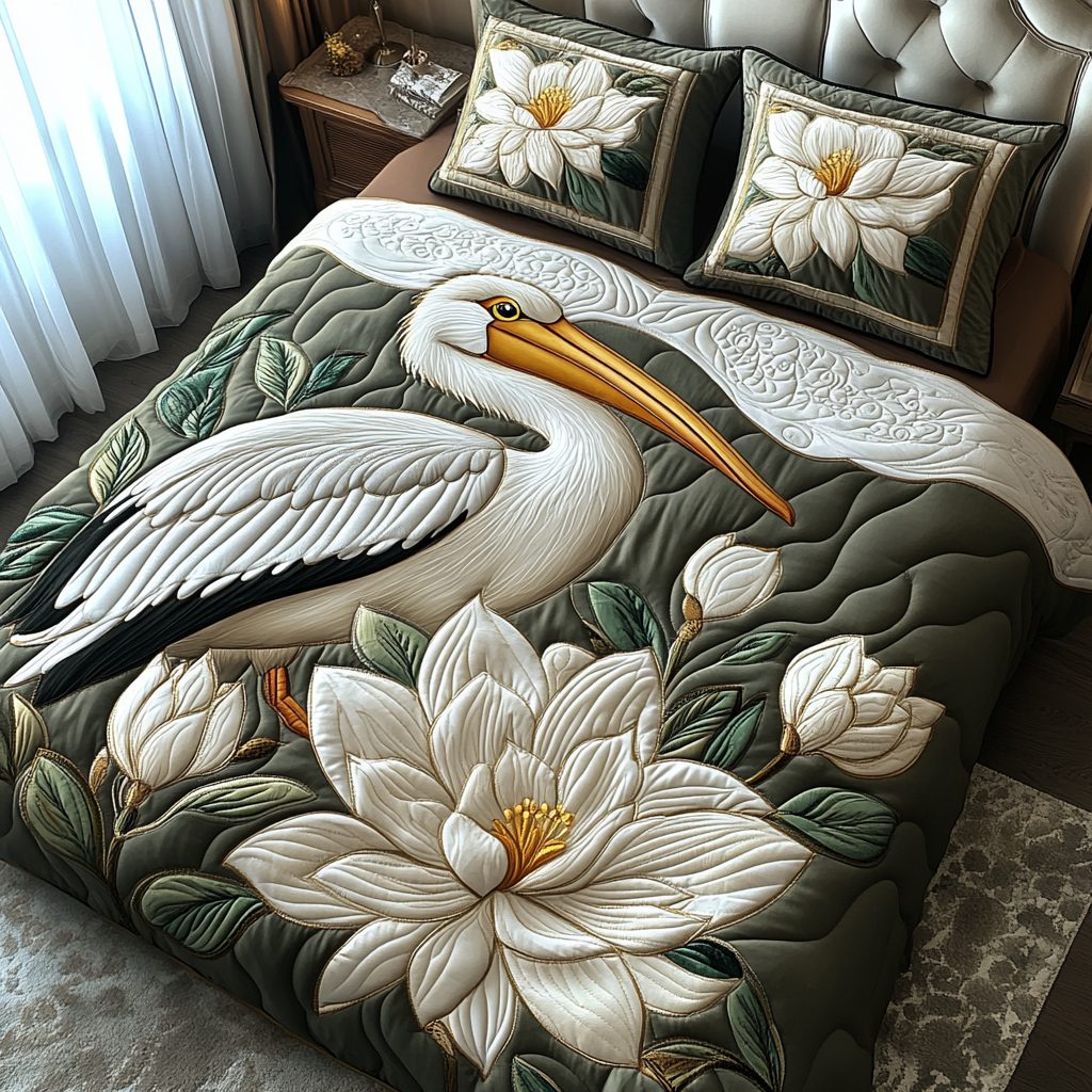 Pelican Reflections quilted 3-piece bedding set on a made bed with two matching pillow shams