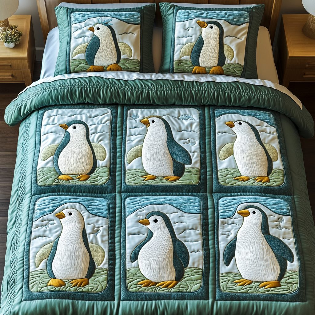 Penguin Parade quilted 3-piece bedding set on a made bed with two matching pillow shams
