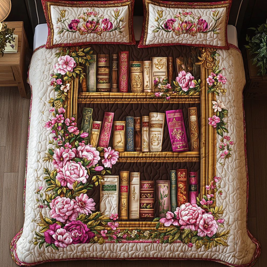 Peony Bookshelf quilted 3-piece bedding set on a made bed with two matching pillow shams