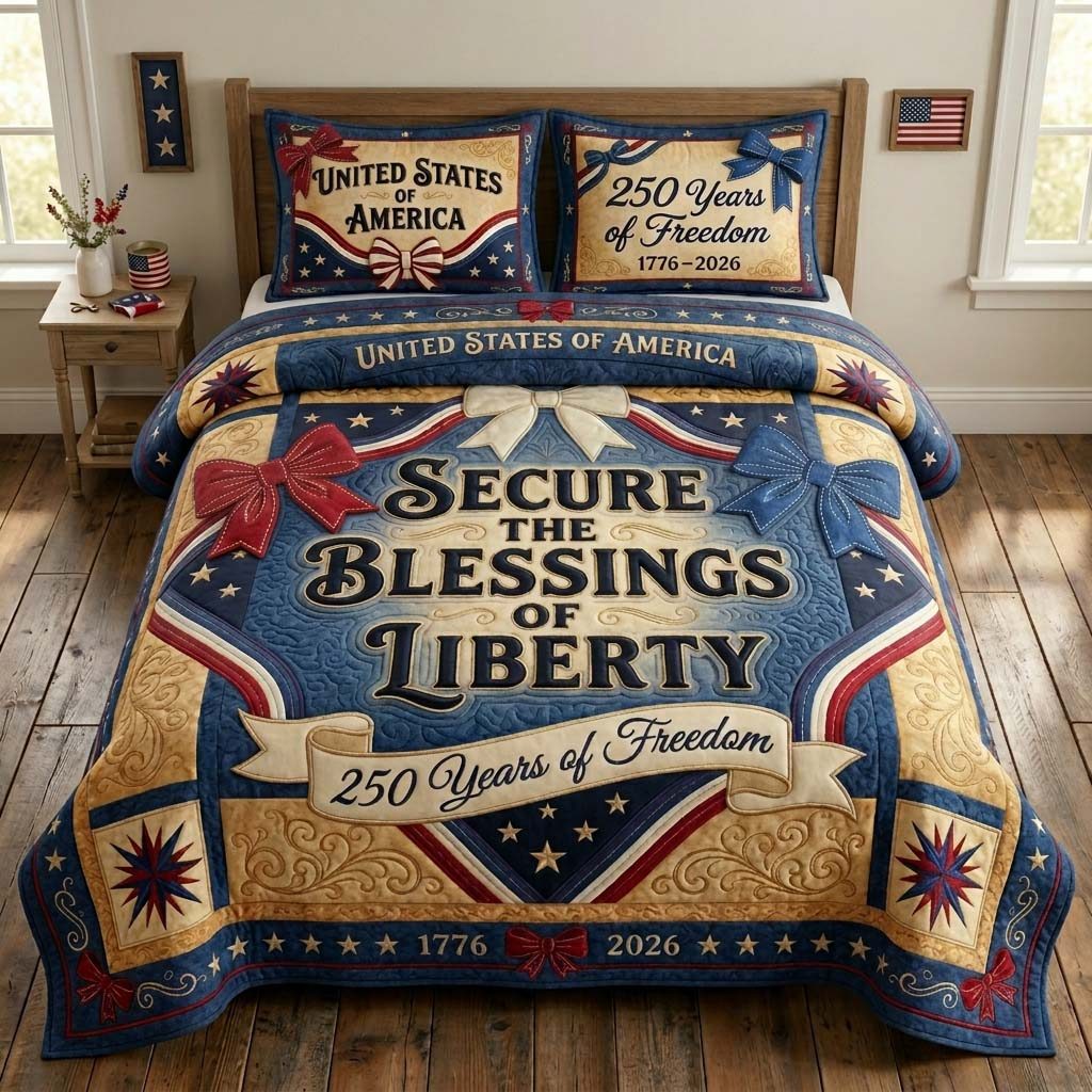 People Freedom quilted 3-piece bedding set on a made bed in a warmly lit bedroom