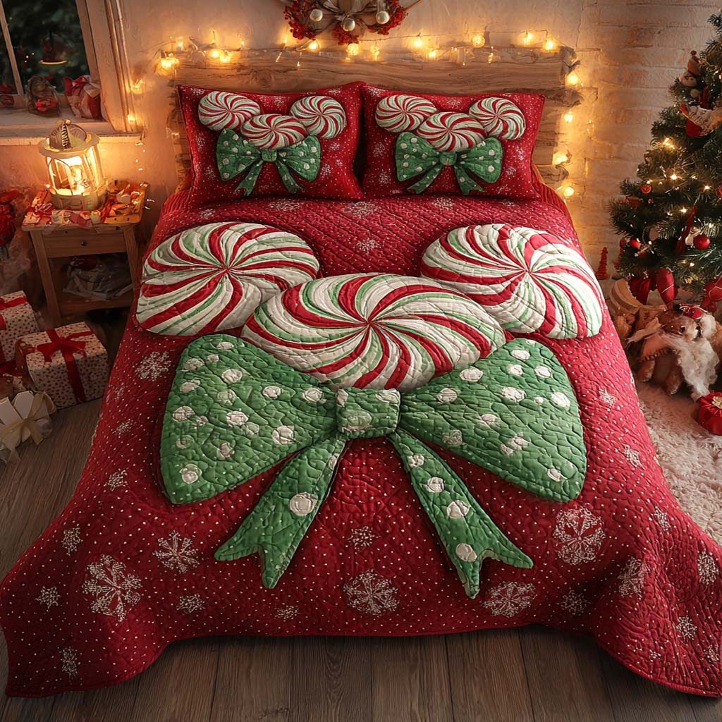 Peppermint Charm quilted 3-piece bedding set on a made bed with two matching pillow shams