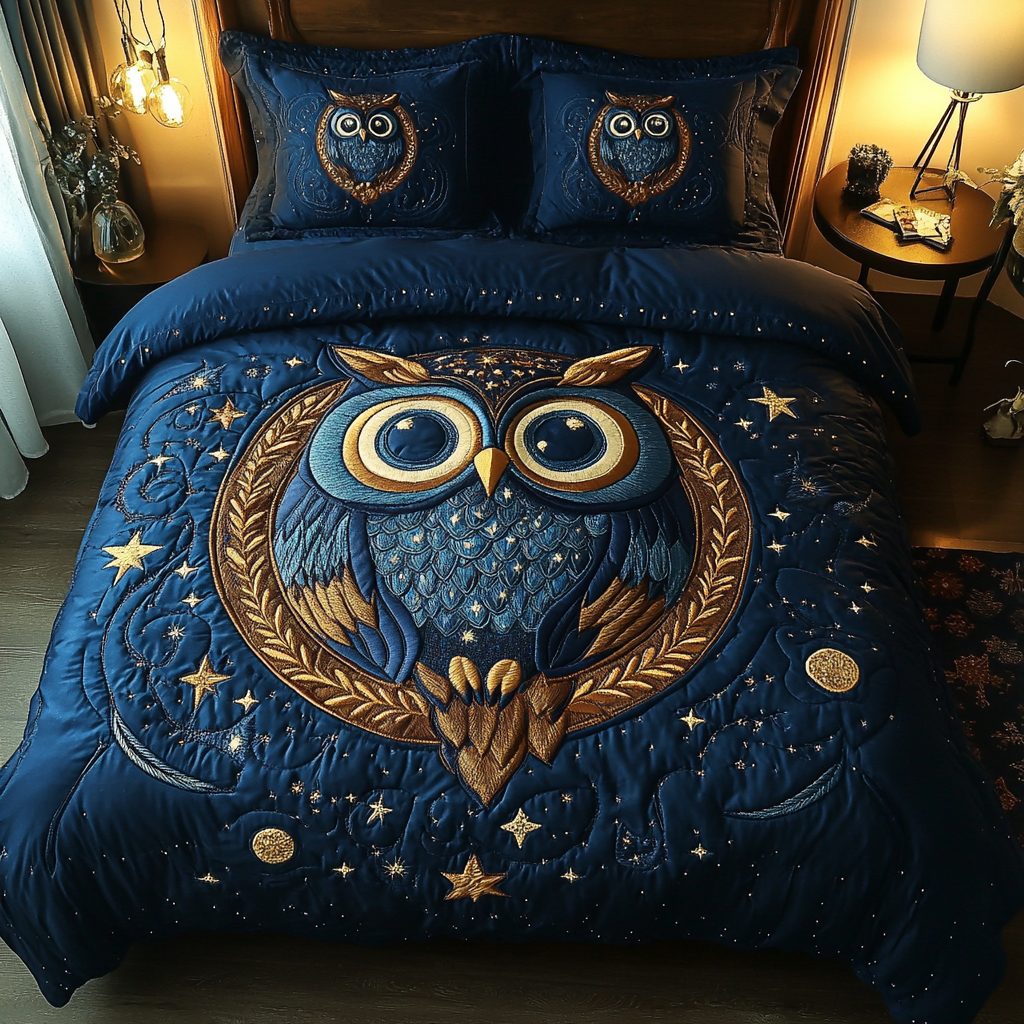 Perch And Gaze quilted 3-piece bedding set on a made bed with two matching pillow shams