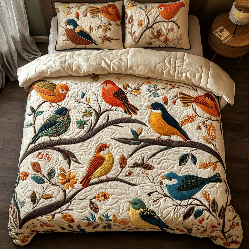 Perch Petals quilted 3-piece bedding set on a made bed with two matching pillow shams