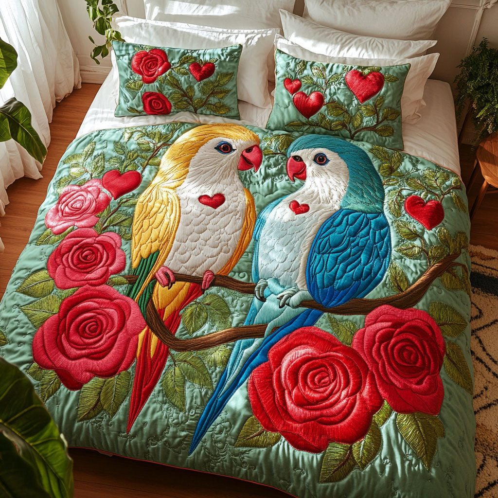 Perched in Love quilted 3-piece bedding set on a made bed with two matching pillow shams