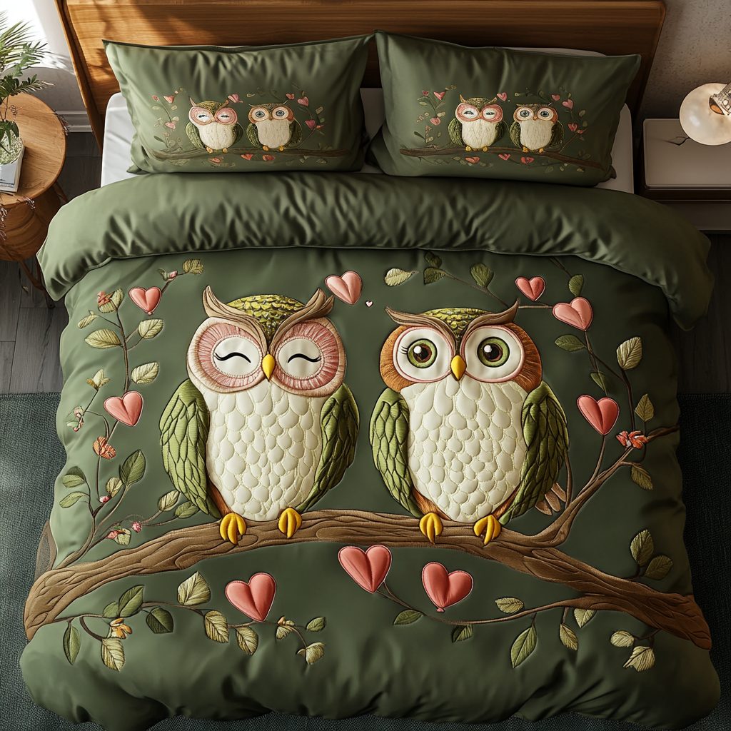 Perched Together quilted 3-piece bedding set on a made bed with two matching pillow shams