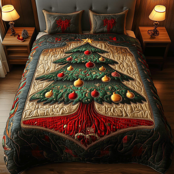 Perfect Christmas Pine quilted 3-piece bedding set on a made bed in a winter-styled bedroom
