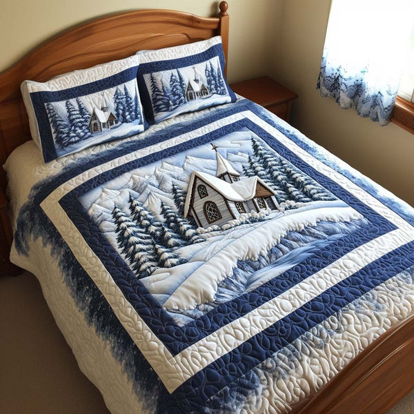 Perfect Holiday quilted 3-piece bedding set on a made bed in a winter-styled bedroom