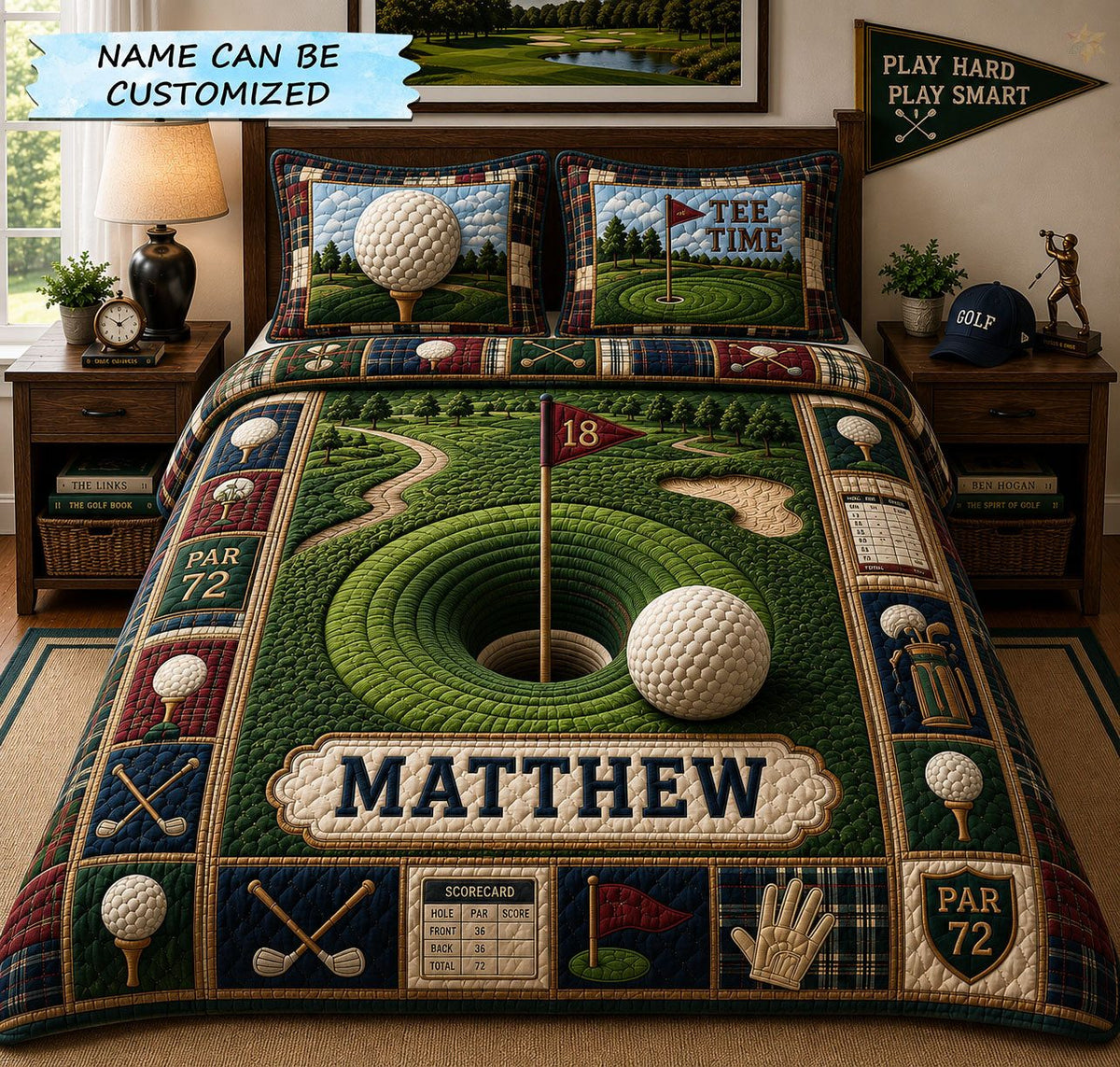 Personalized 18th Hole Golf 3-Piece Quilted Bedding Set QTCUZ quilted 3-piece bedding set on a made bed with two matching pillow shams
