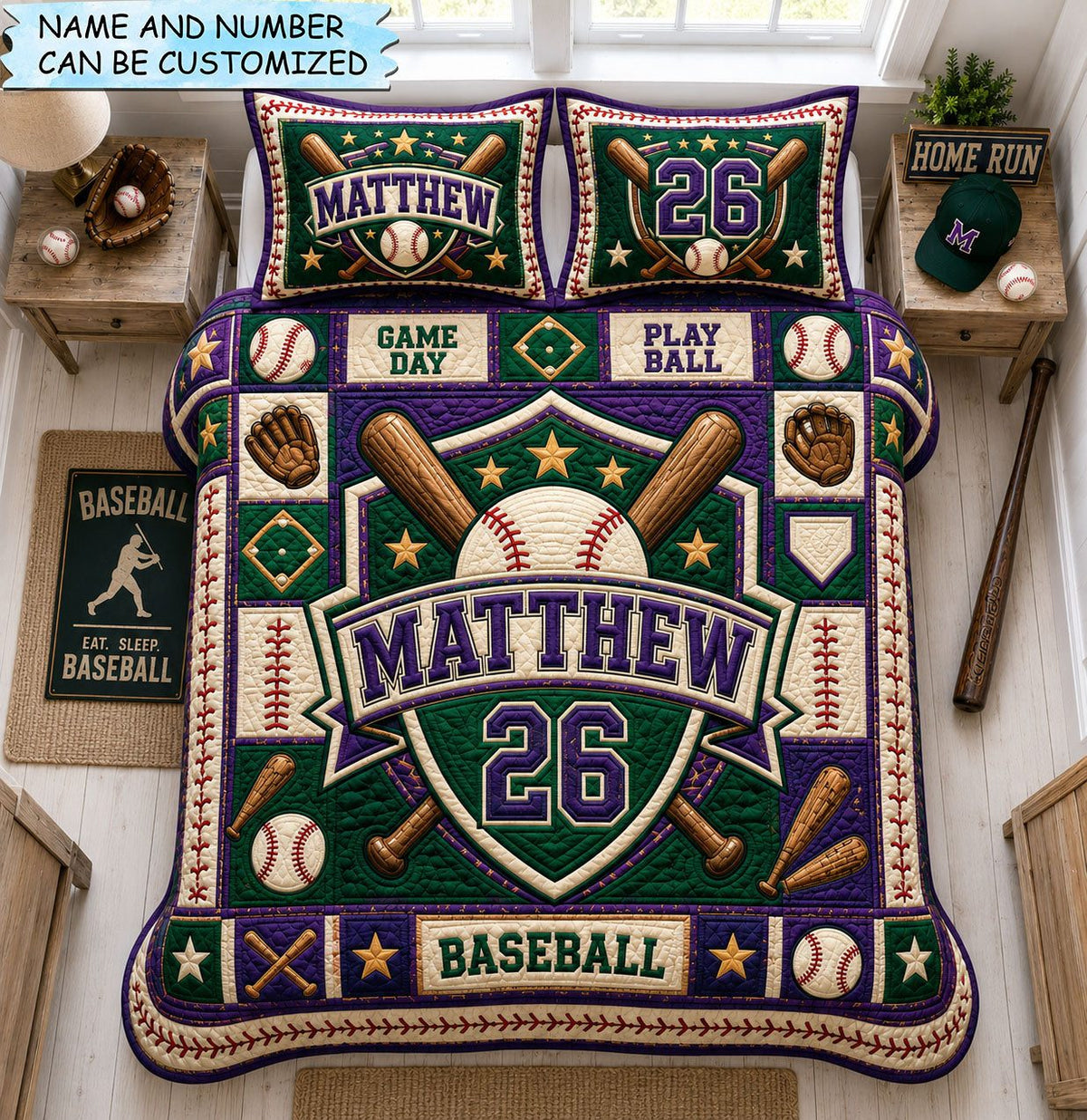 Personalized Baseball Green Varsity 3-Piece Quilted Bedding Set QTCUZ quilted 3-piece bedding set on a made bed with two matching pillow shams