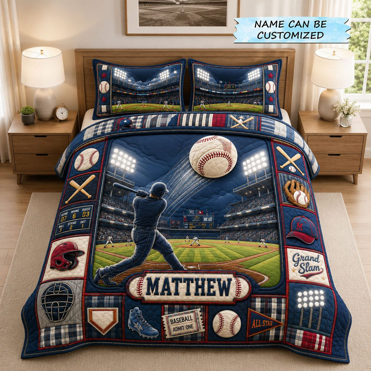 Personalized Baseball Home Run Stadium 3-Piece Quilted Bedding Set QTCUZ quilted 3-piece bedding set on a made bed with two matching pillow shams