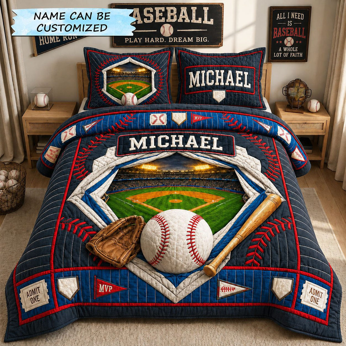 Personalized Baseball Stadium Portal 3-Piece Quilted Bedding Set QTCUZ quilted 3-piece bedding set on a made bed with two matching pillow shams