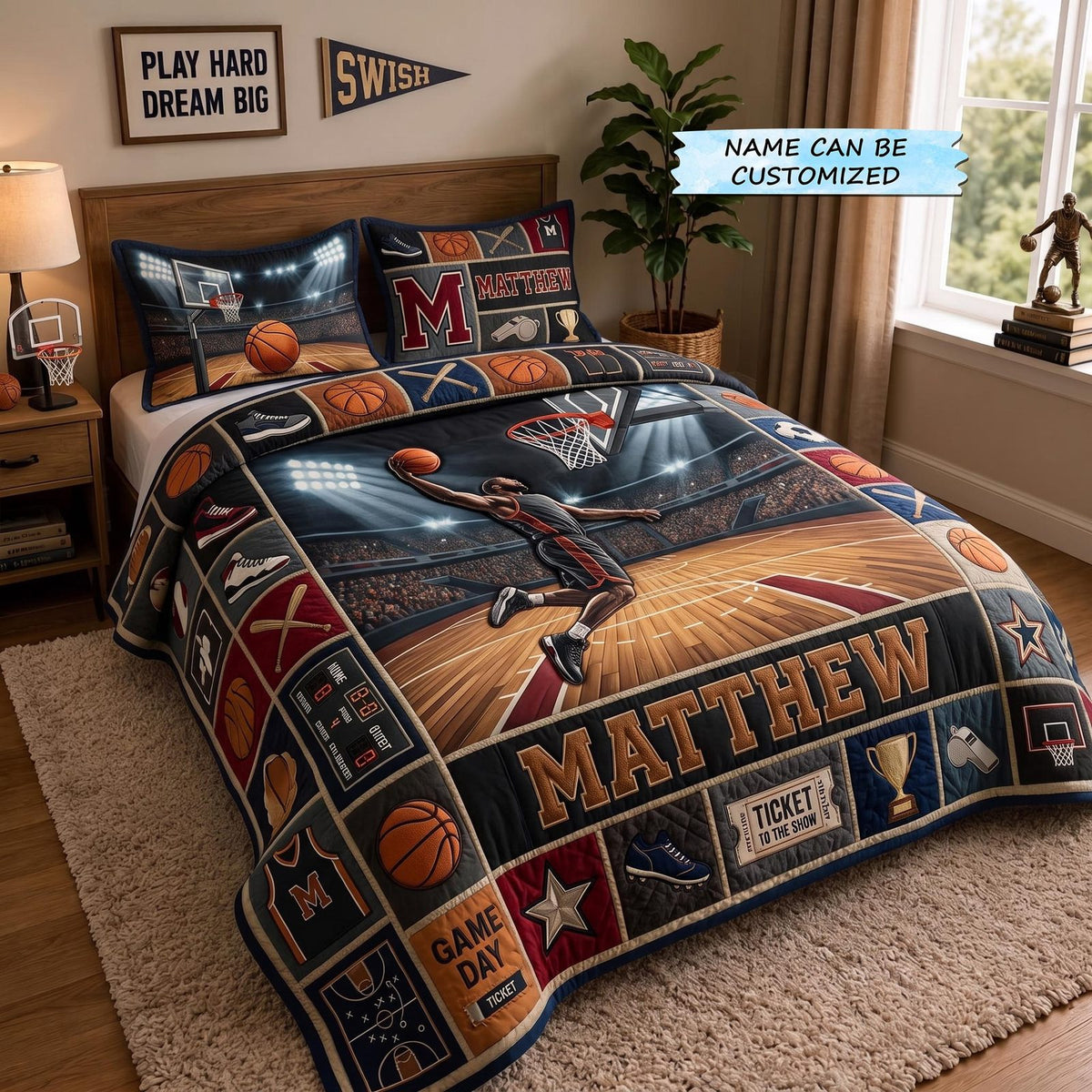 Personalized Basketball Champion 3-Piece Quilted Bedding Set QTCUZ - Design 5 quilted 3-piece bedding set on a made bed with two matching pillow shams
