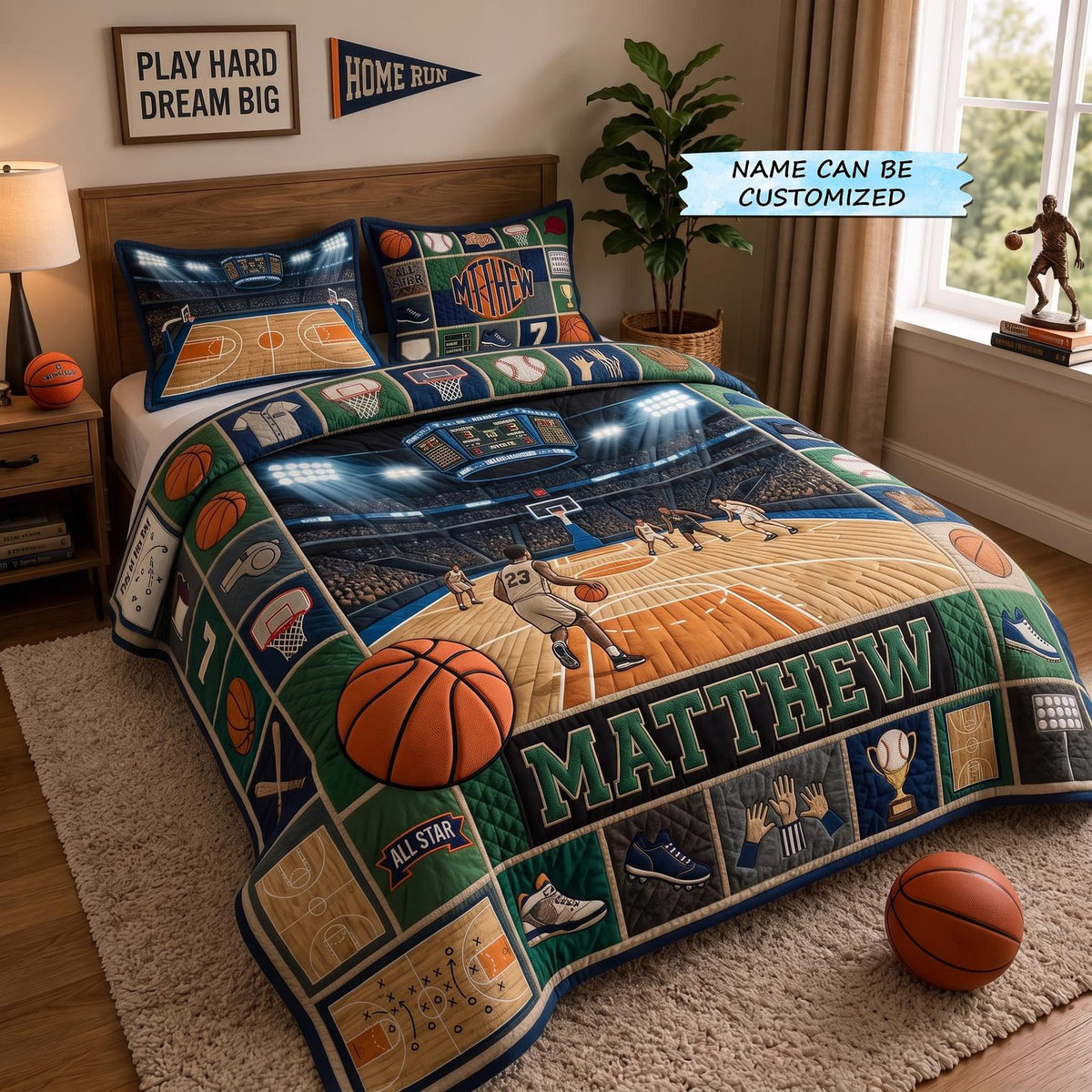 Personalized Basketball Champion 3-Piece Quilted Bedding Set QTCUZ - Design 6 quilted 3-piece bedding set on a made bed with two matching pillow shams