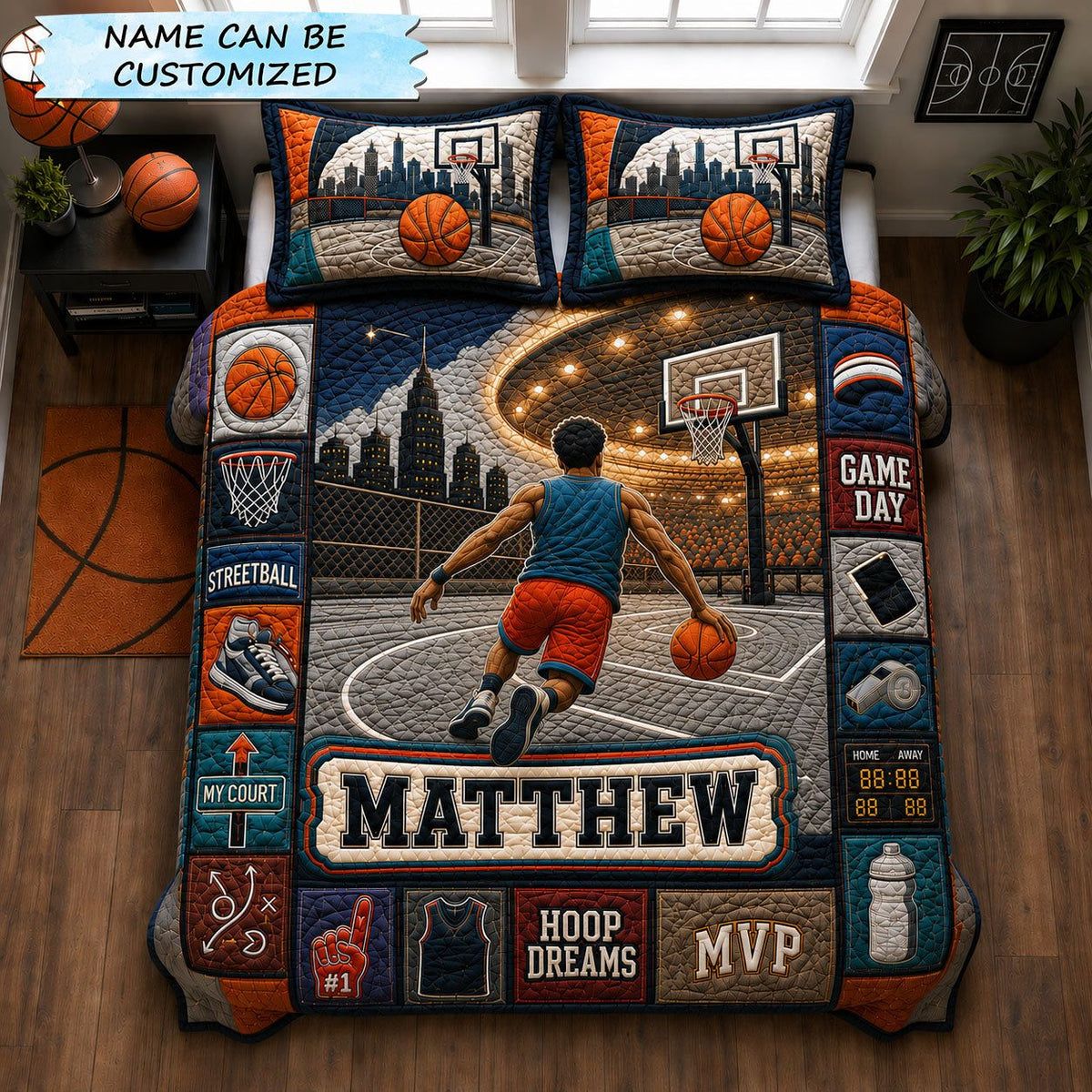 Personalized Basketball Streetball Hoop Dreams 3-Piece Quilted Bedding Set QTCUZ quilted 3-piece bedding set on a made bed with two matching pillow shams