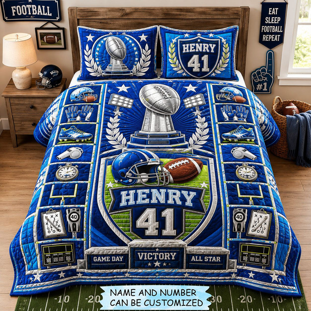 Personalized Football Championship Trophy Star 3-Piece Quilted Bedding Set QTCUZ quilted 3-piece bedding set on a made bed with two matching pillow shams