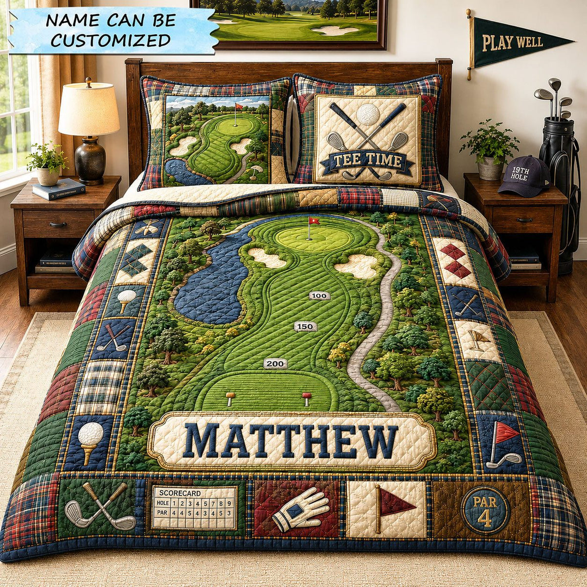 Personalized Tee Time Golf Course 3-Piece Quilted Bedding Set QTCUZ quilted 3-piece bedding set on a made bed with two matching pillow shams