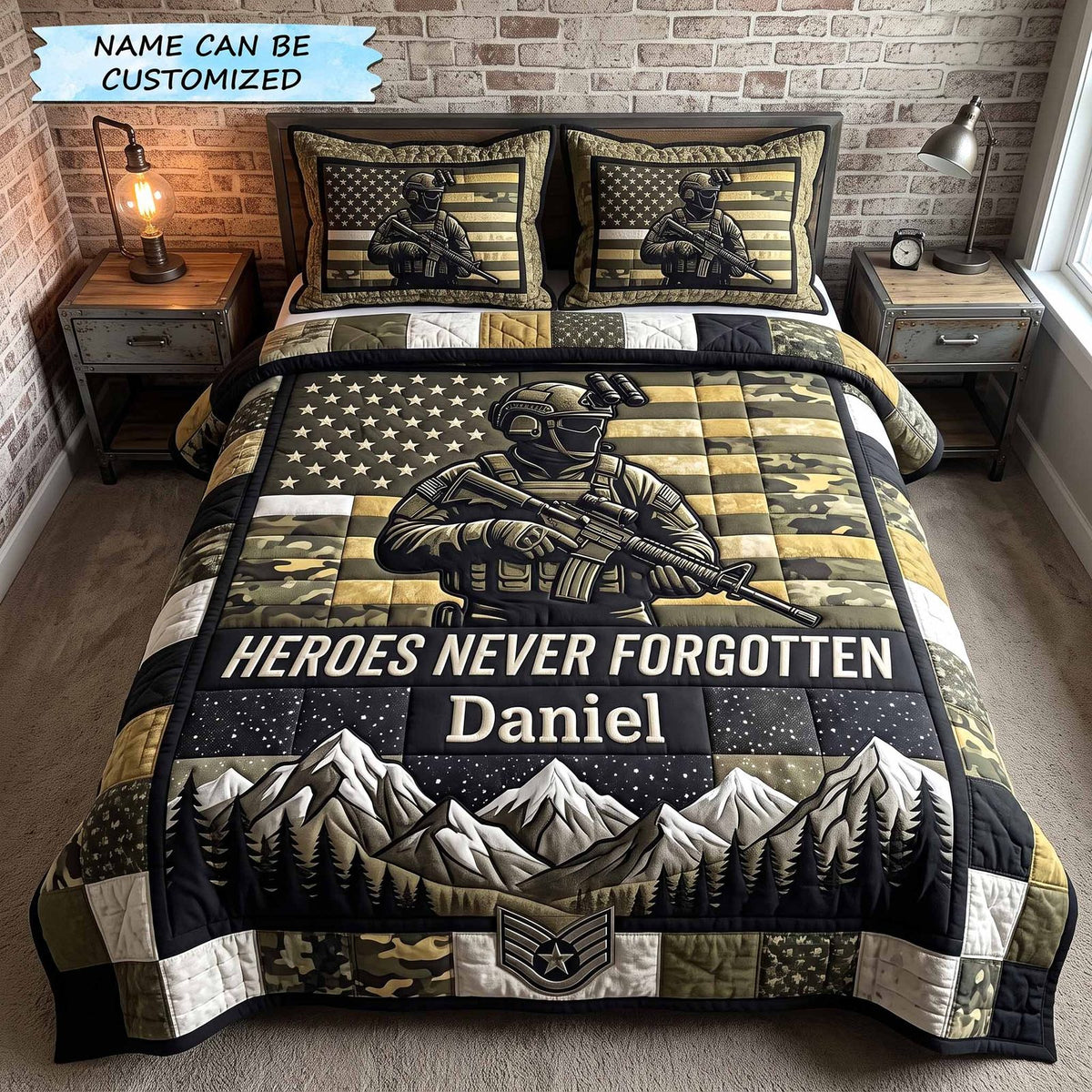 Personalized Veteran Pride 3-Piece Quilted Bedding Set QTCUZ - Design 1 quilted 3-piece bedding set on a made bed in a warmly lit bedroom