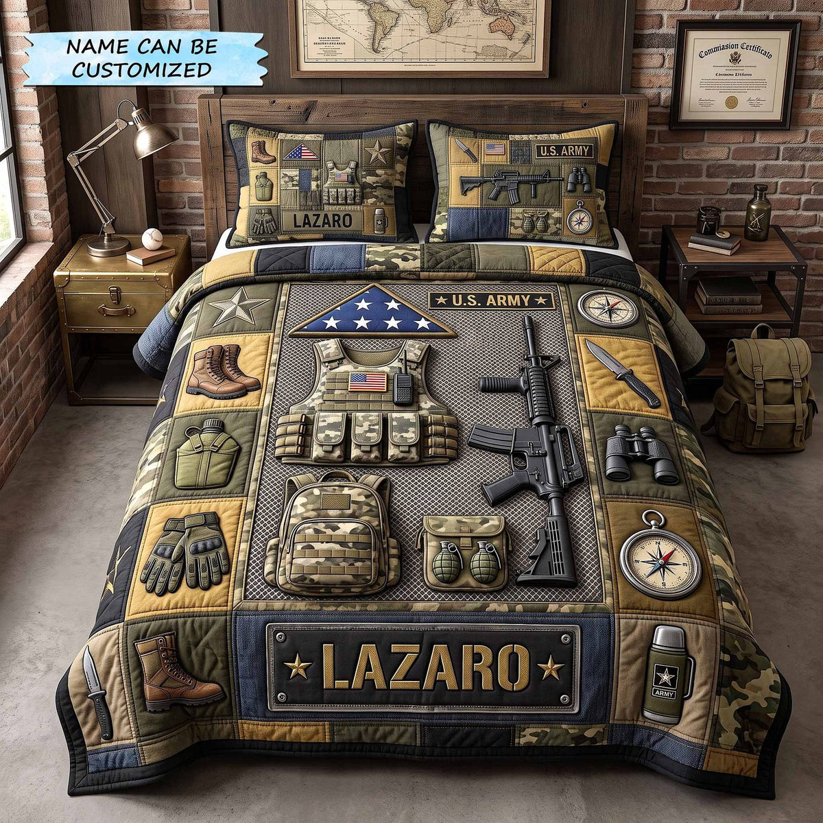 Personalized Veteran Pride 3-Piece Quilted Bedding Set QTCUZ - Design 3 quilted 3-piece bedding set on a made bed in a warmly lit bedroom