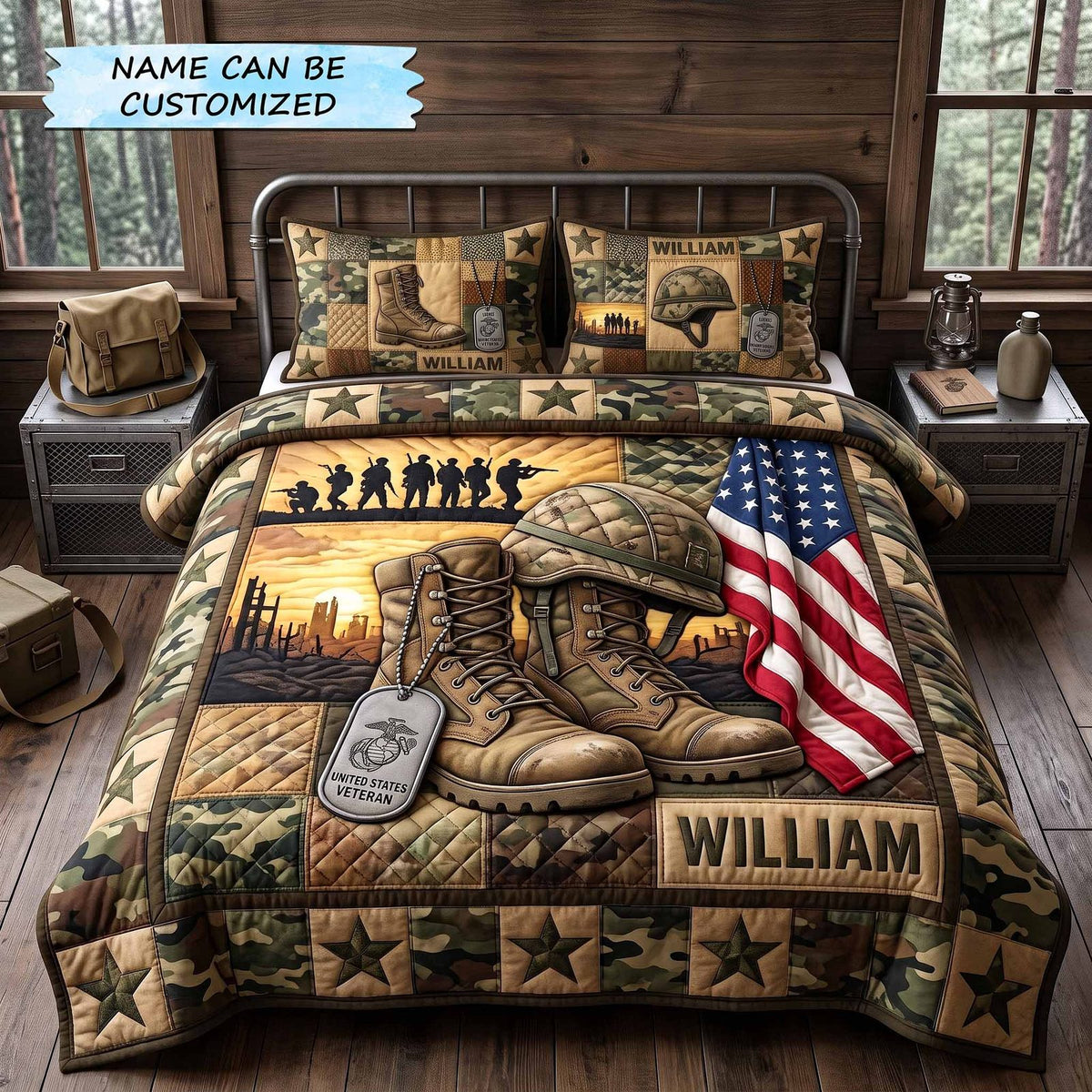 Personalized Veteran Pride 3-Piece Quilted Bedding Set QTCUZ - Design 5 quilted 3-piece bedding set on a made bed in a warmly lit bedroom