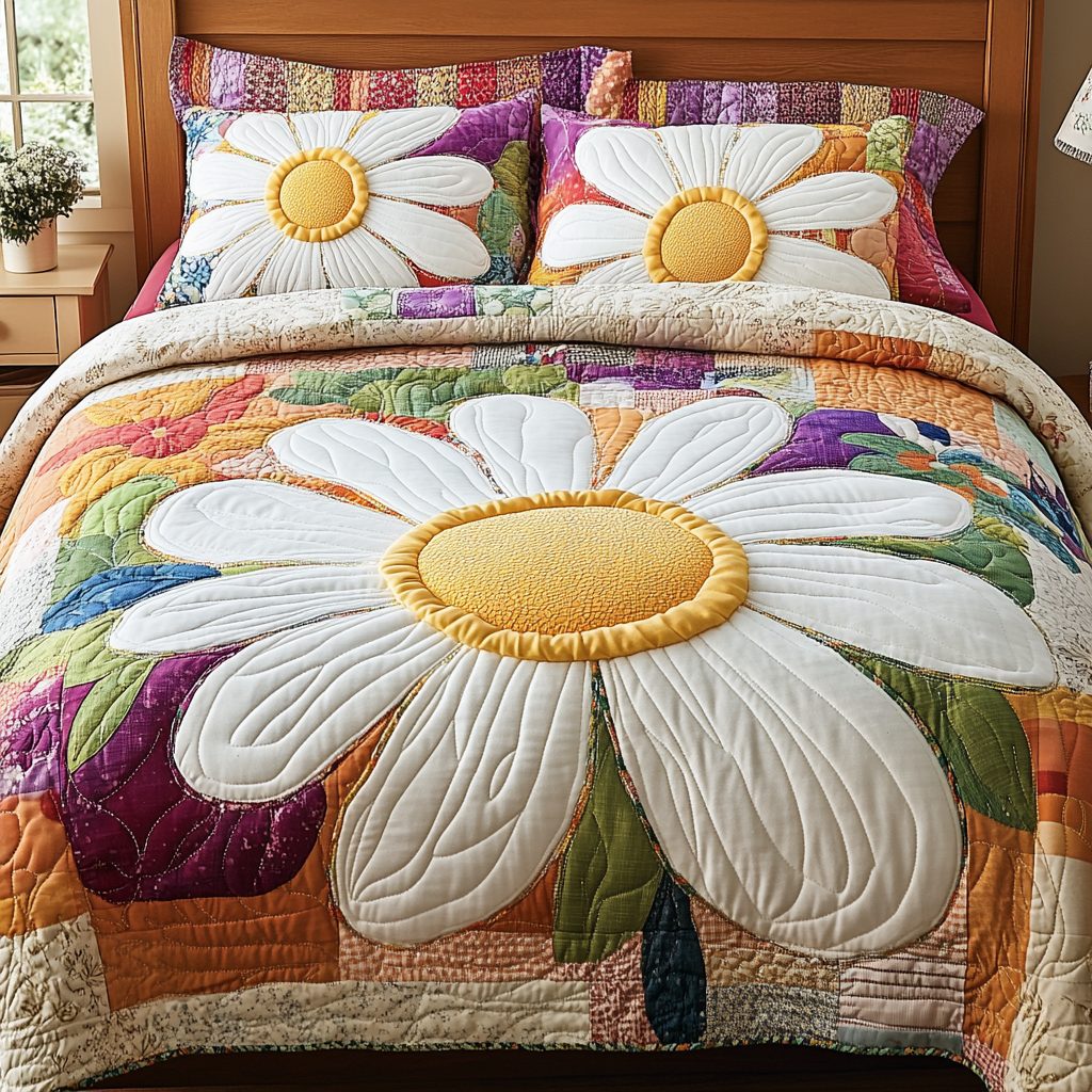 Petal Bloom quilted 3-piece bedding set on a made bed with two matching pillow shams