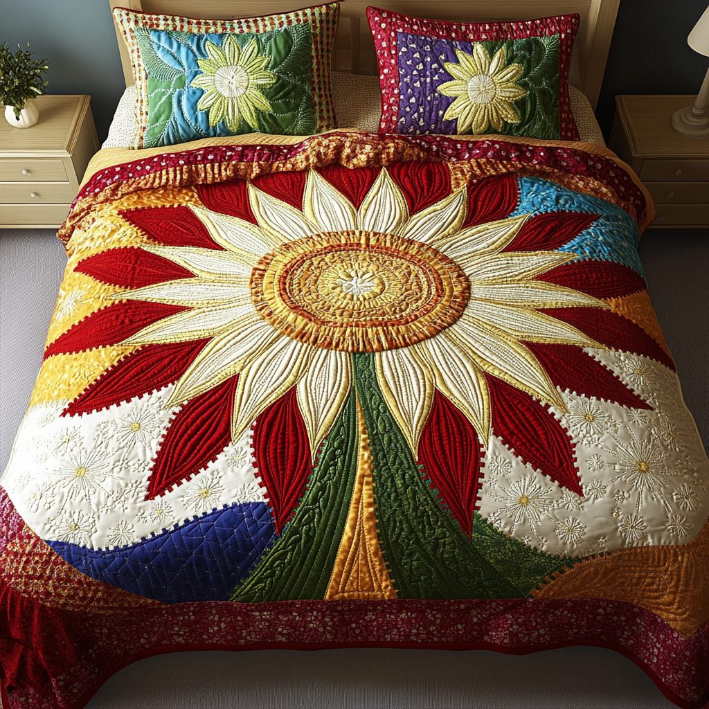 Petal Charm quilted 3-piece bedding set on a made bed with two matching pillow shams