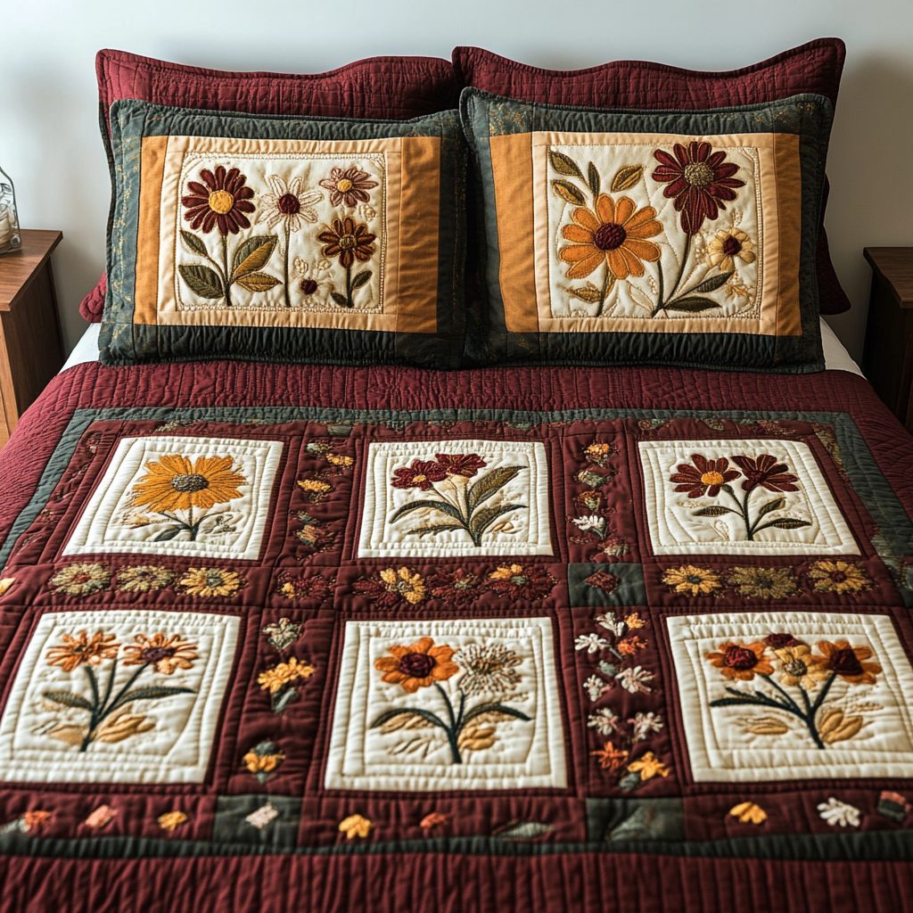 Petal Delight quilted 3-piece bedding set on a made bed with two matching pillow shams