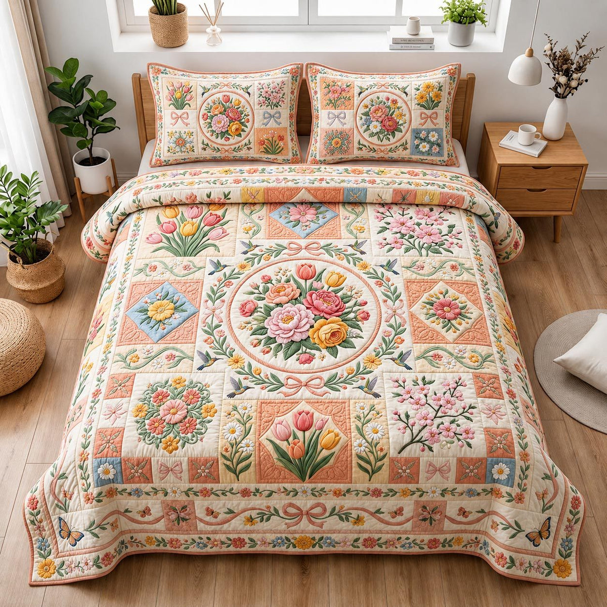 Petal Garden quilted 3-piece bedding set on a made bed with two matching pillow shams
