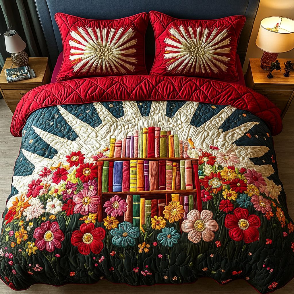 Petal Pages quilted 3-piece bedding set on a made bed with two matching pillow shams