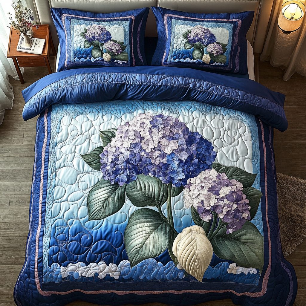 Petal Paradise quilted 3-piece bedding set on a made bed with two matching pillow shams