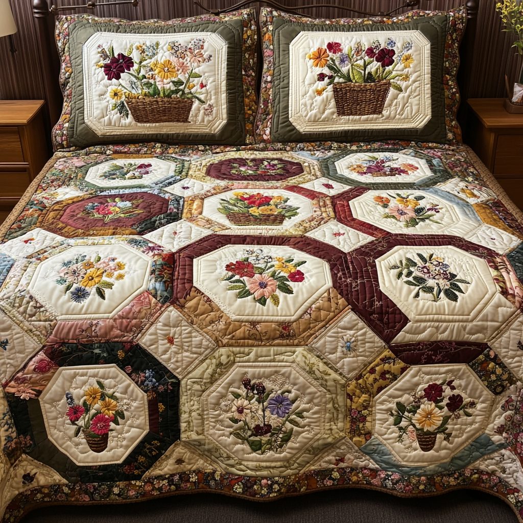 Petal Patch quilted 3-piece bedding set on a made bed with two matching pillow shams