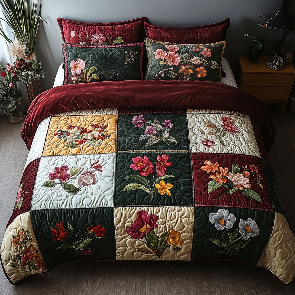 Petal Patchwork quilted 3-piece bedding set on a made bed in a farmhouse bedroom
