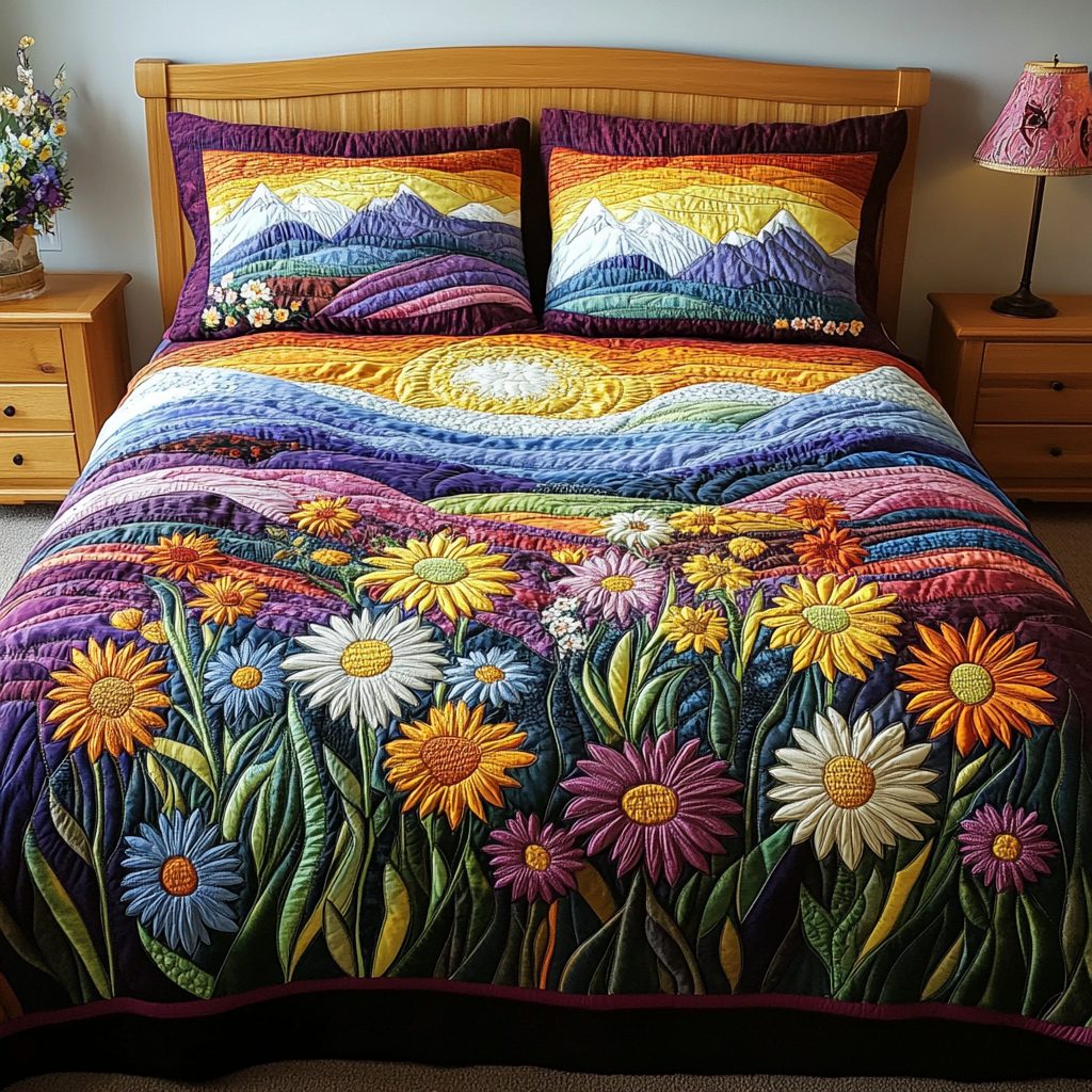 Petal Path quilted 3-piece bedding set on a made bed with two matching pillow shams